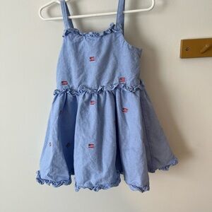 Janie and Jack Light Blue Ruffled Kids Dress with Embroidered Flags